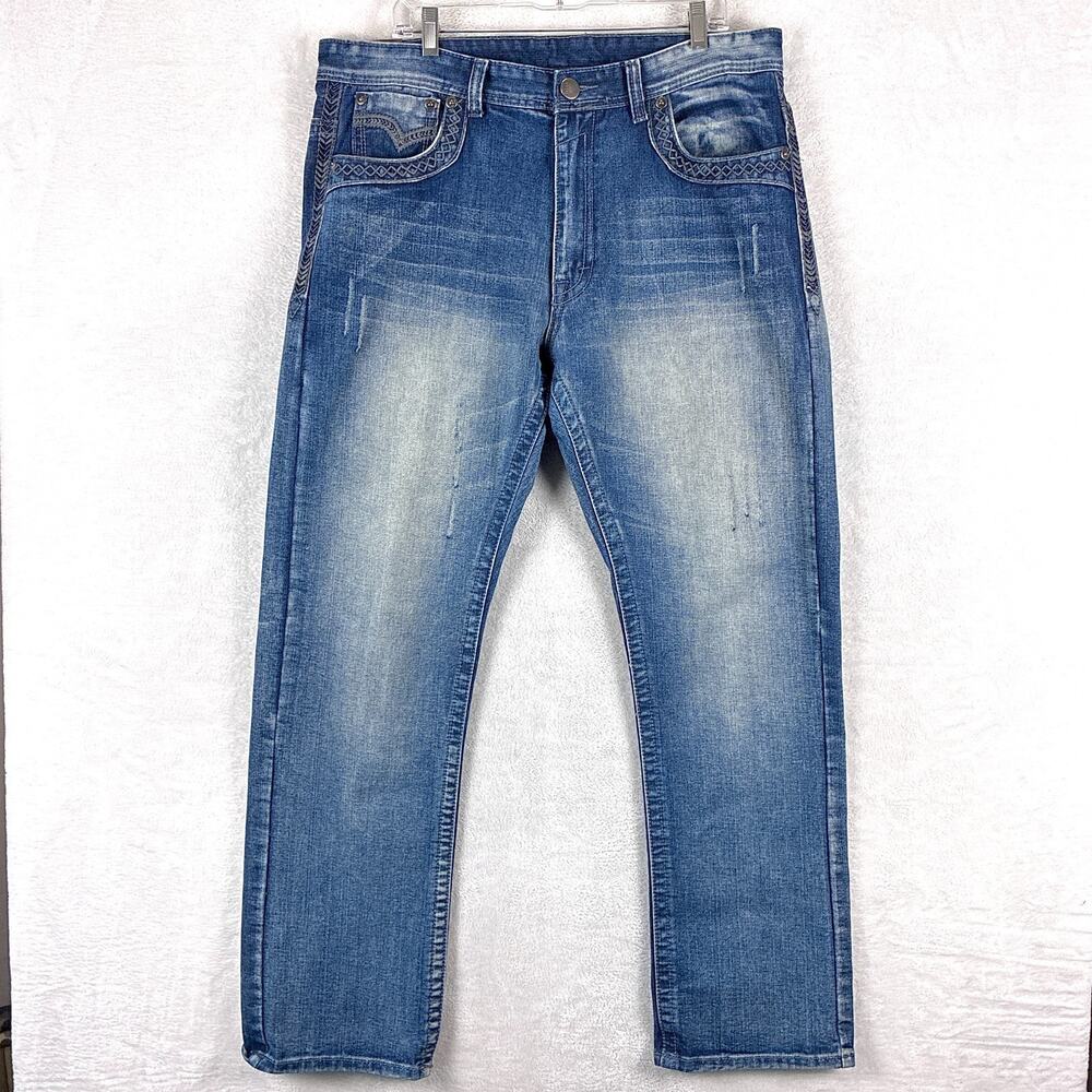 GS-115 Jeans Mens 36x33 (38x33) Faded Whiskered Brandon Slim Flap Pocket Y2K